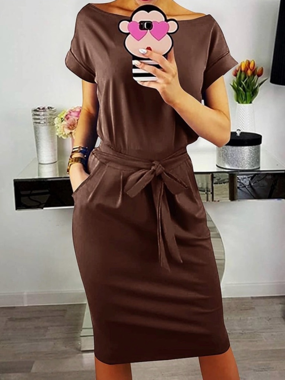 Pretty garden Summer Cotton Tie-Waist Brown Midi Dress with Side Pockets size XL
